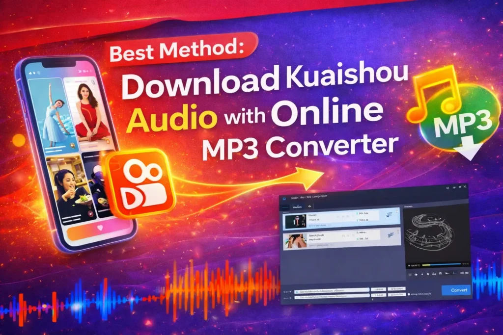 Infographic for Kuaishou Videos to MP3 Converter 2026 Guide showing a smartphone displaying videos, an orange music note icon, and a web interface to extract high-quality audio and music.