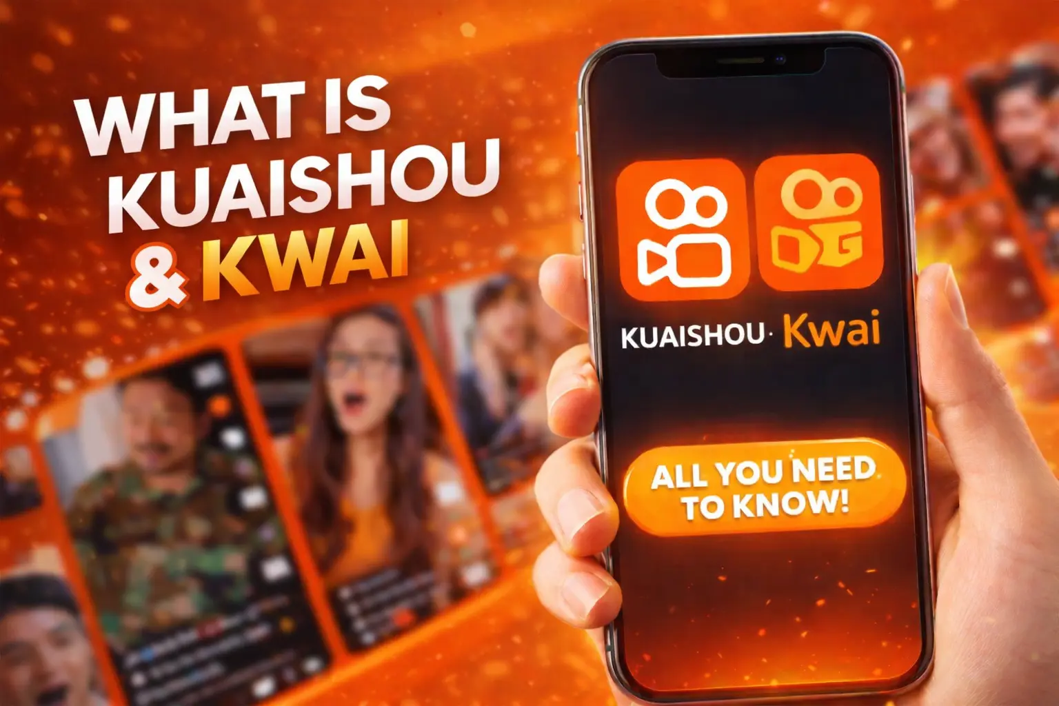 Kuaishou and Kwai app icons displayed on smartphone screen with text "What is Kuaishou & Kwai - All You Need to Know" against orange background with crowd