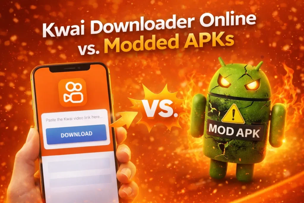 Kwai downloader online vs modded APK comparison showing safe web browser method versus risky Android malware with warning symbol