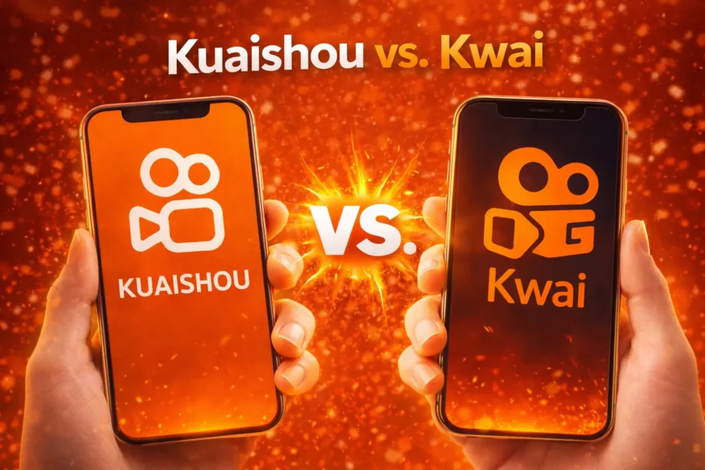 Kuaishou vs Kwai app comparison showing both versions side by side on smartphone screens with logos and names displayed