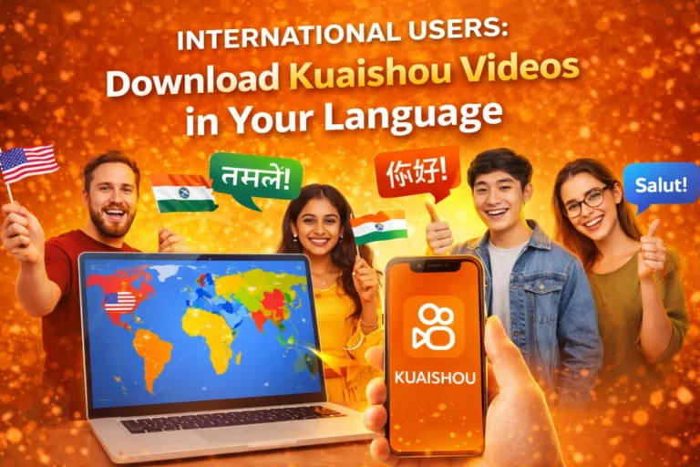 International users downloading Kuaishou videos in multiple languages including Hindi, Chinese, and Spanish on laptop and mobile devices with world map showing global accessibility