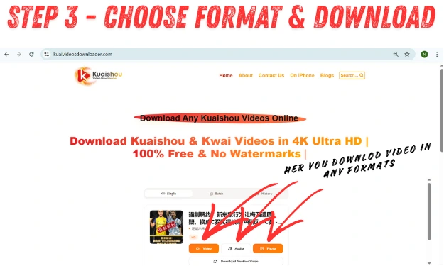 This screenshot shows Step 3 of downloading a Kuaishou video, where the user selects a video format and clicks the download button.