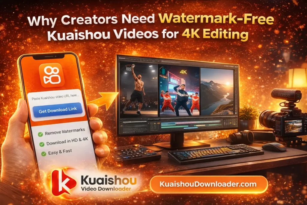 Watermark-free Kuaishou video downloader showing smartphone app converting Kuaishou videos to 4K quality for professional video editing on desktop, with KuaiShouDownloader.com interface and 4K editing timeline on screen.