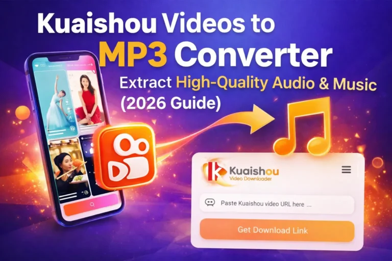 Infographic for Kuaishou Videos to MP3 Converter 2026 Guide showing a smartphone with videos, a music note icon, and an online tool interface to extract high-quality audio.