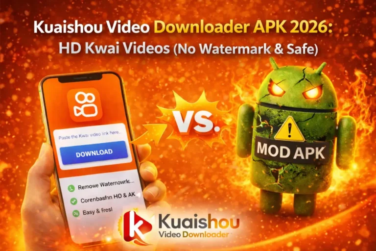 Promotional graphic comparing Kuaishou Video Downloader APK 2026 against a dangerous MOD APK. The image features a smartphone displaying a safe download interface versus a corrupted, scary Android robot mascot to highlight safety and no-watermark features.