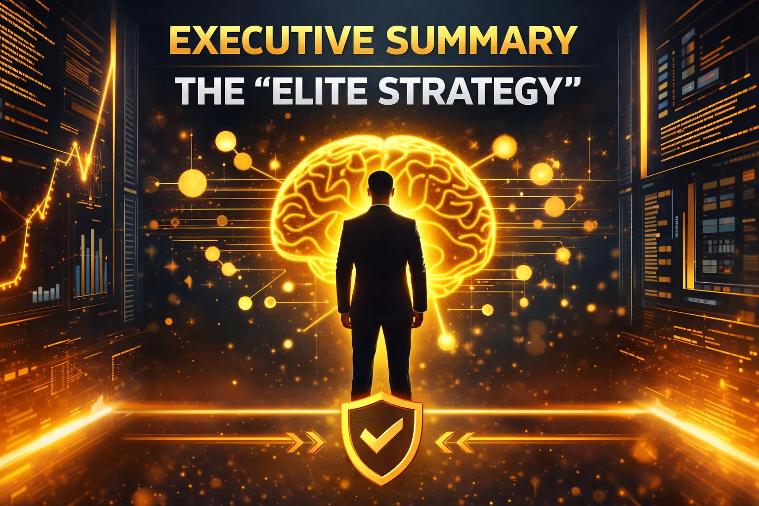 Executive summary slide titled “The Elite Strategy” showing a business leader standing before a glowing golden brain, surrounded by data charts, analytics dashboards, and digital interfaces, symbolizing strategic intelligence, leadership, and advanced decision-making.