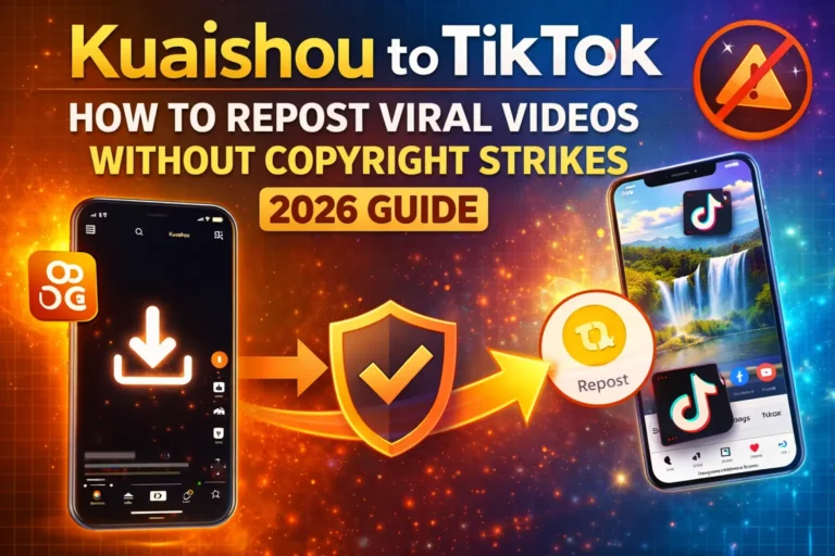 Graphic titled “Kuaishou to TikTok: How to Repost Viral Videos Without Copyright Strikes – 2026 Guide,” showing a Kuaishou app on a smartphone transferring content to a TikTok app with arrows, a security shield checkmark, and a repost icon, symbolizing safe and copyright-compliant video reposting.