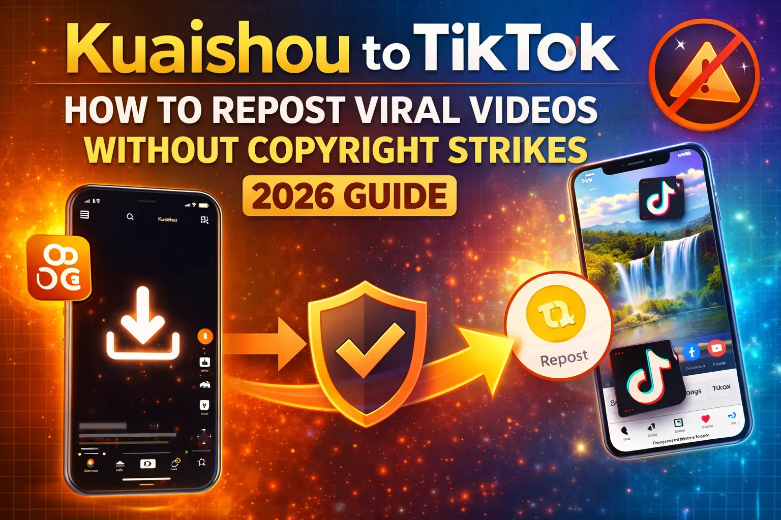 Graphic titled “Kuaishou to TikTok: How to Repost Viral Videos Without Copyright Strikes – 2026 Guide,” showing a Kuaishou app on a smartphone transferring content to a TikTok app with arrows, a security shield checkmark, and a repost icon, symbolizing safe and copyright-compliant video reposting.