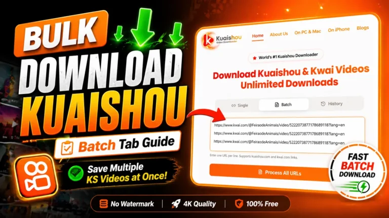 Bulk download Kuaishou videos banner showing a batch downloader tool interface with multiple video URLs, “Download Kuaishou & Kwai Videos,” fast batch processing, no watermark, 4K quality, and free features highlighted.
