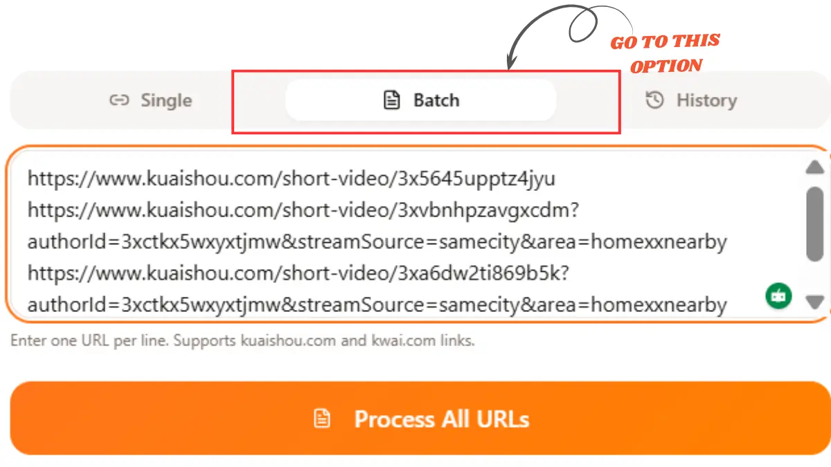Batch video downloader interface for KuaiShou and Kwai showing multiple video URL input, bulk processing, and HD/4K download options.