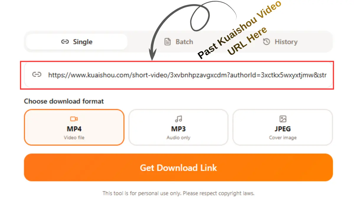 Screenshot of a Kuaishou video downloader interface highlighting the input box where users paste a Kuaishou video URL, with options to download as MP4, MP3, or JPEG and a “Get Download Link” button below.