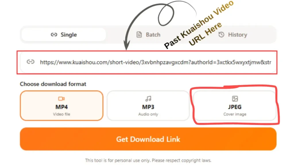 Screenshot of a Kuaishou video downloader interface highlighting the input box where users paste a Kuaishou video URL, with options to download as MP4, MP3, or JPEG and a “Get Download Link” button below.