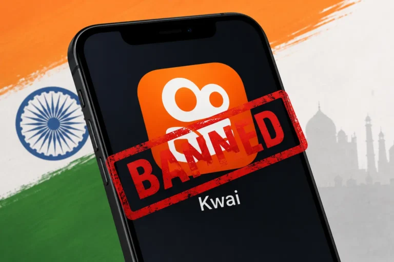 Smartphone displaying the Kwai app icon with a bold red banned stamp and Indian flag background, illustrating that Kwai remains banned in India in 2026.