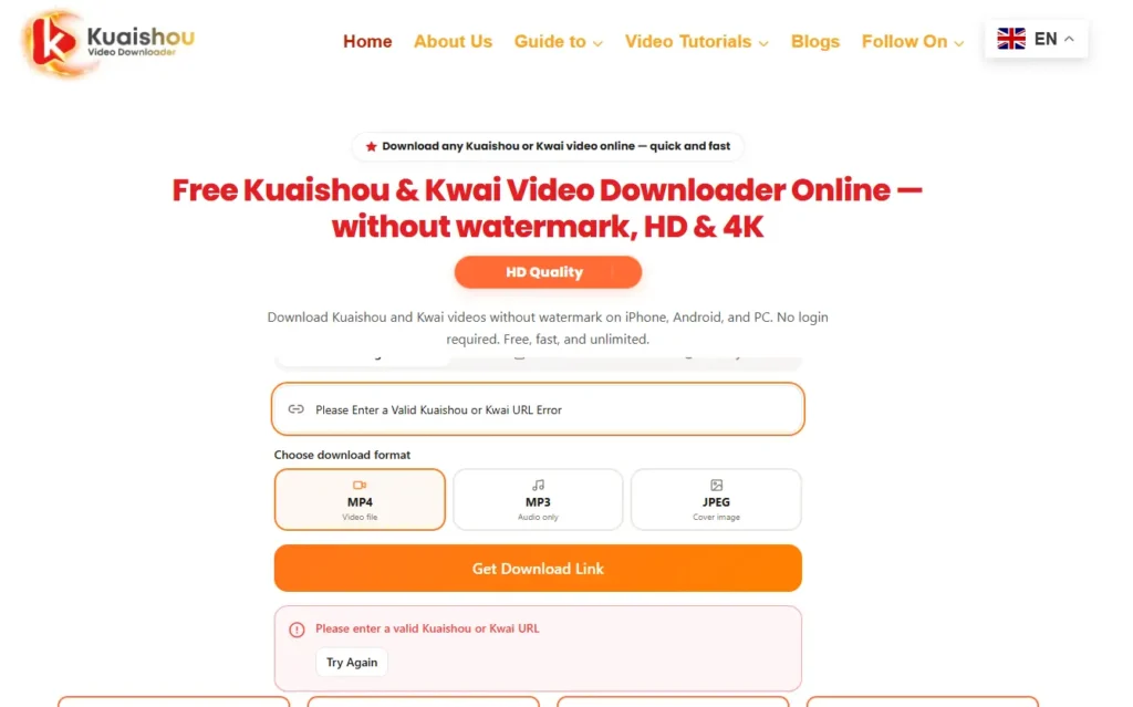 Kuaishou Video Downloader displaying the "Please enter a valid Kuaishou or Kwai URL" validation error below the Get Download Link button.